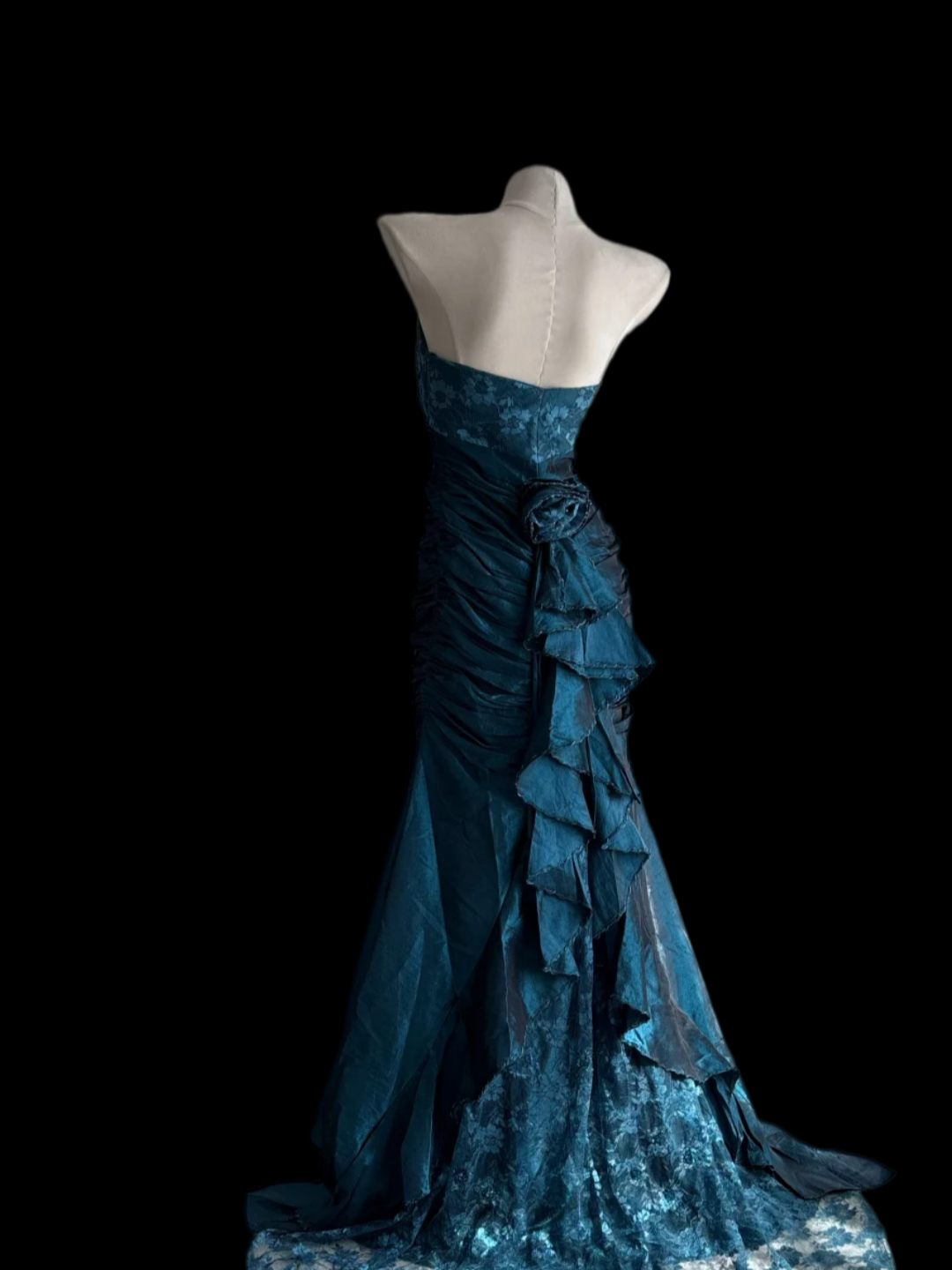 Strapless Mermaid Teal Prom Dress Vintage Ruffled Evening Dress