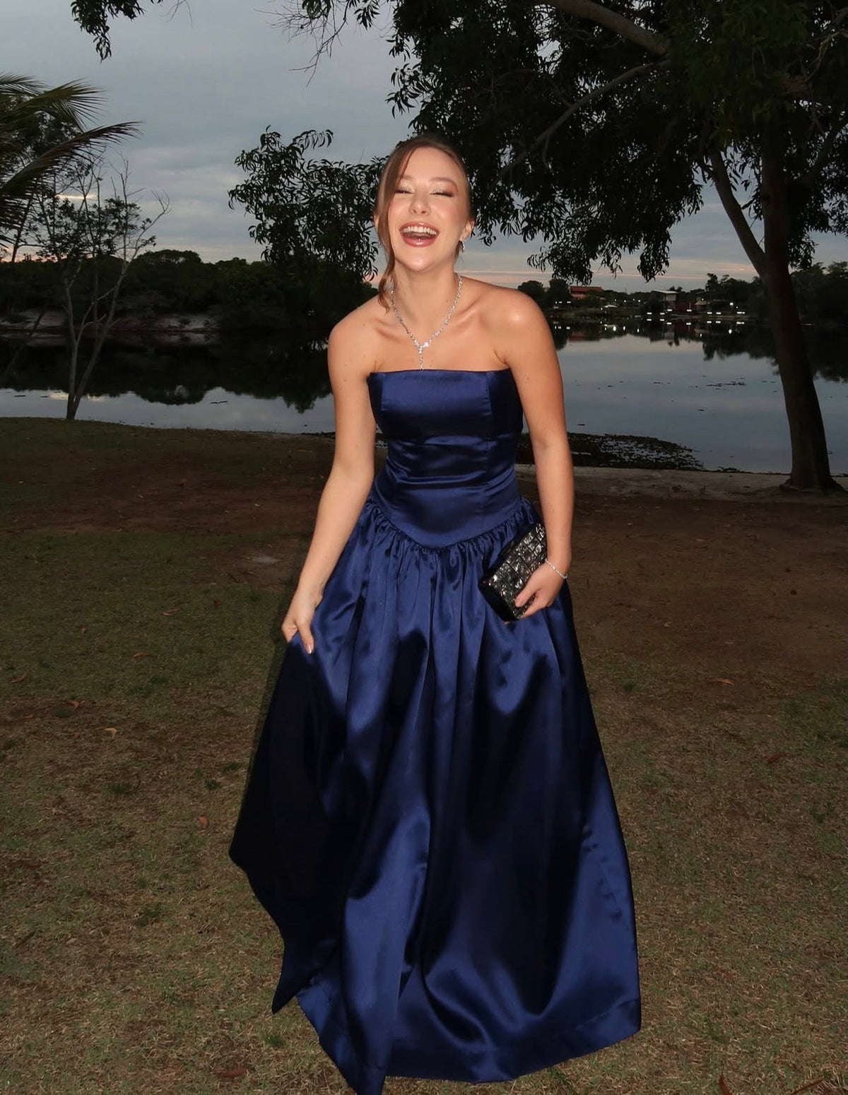 Strapless Navy Blue A Line Wedding Guest Dress Long Evening Dress  J11345
