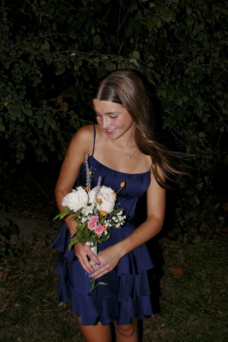 Strapless Navy Blue Layered Satin Ruffled Homecoming Dress  J11500