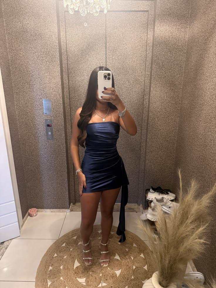 Strapless Navy Blue Satin Homecoming Dress