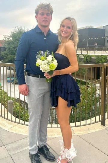 Strapless Navy Blue Satin Homecoming Dress Ruffled Party Dress