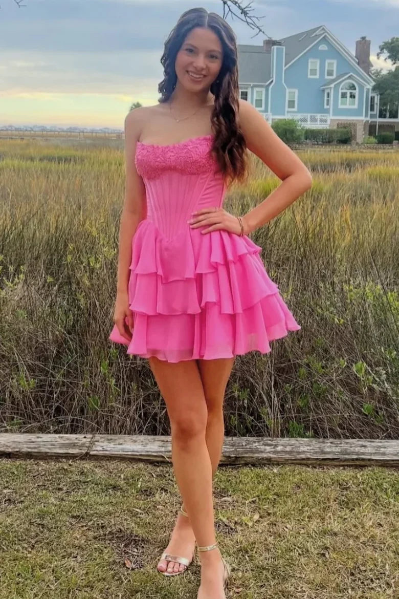 Strapless Pink A Line Homecoming Dress Layered Short Dress  J11447