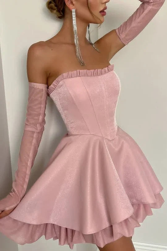 Strapless Pink A-Line Homecoming Dress Ruffled Short Birthday Dress