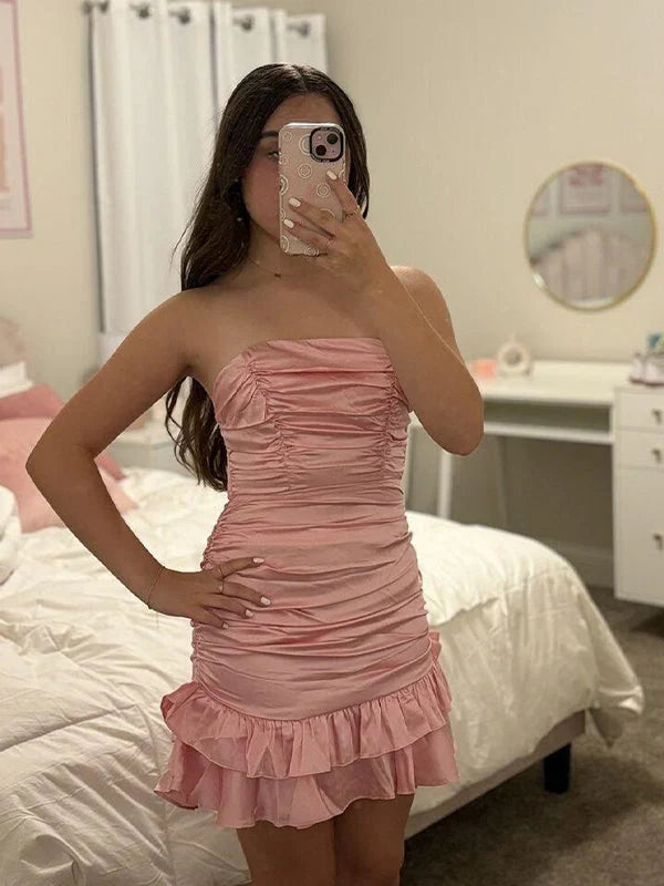 Strapless Pink Ruffled Sheath Satin Homecoming Dress