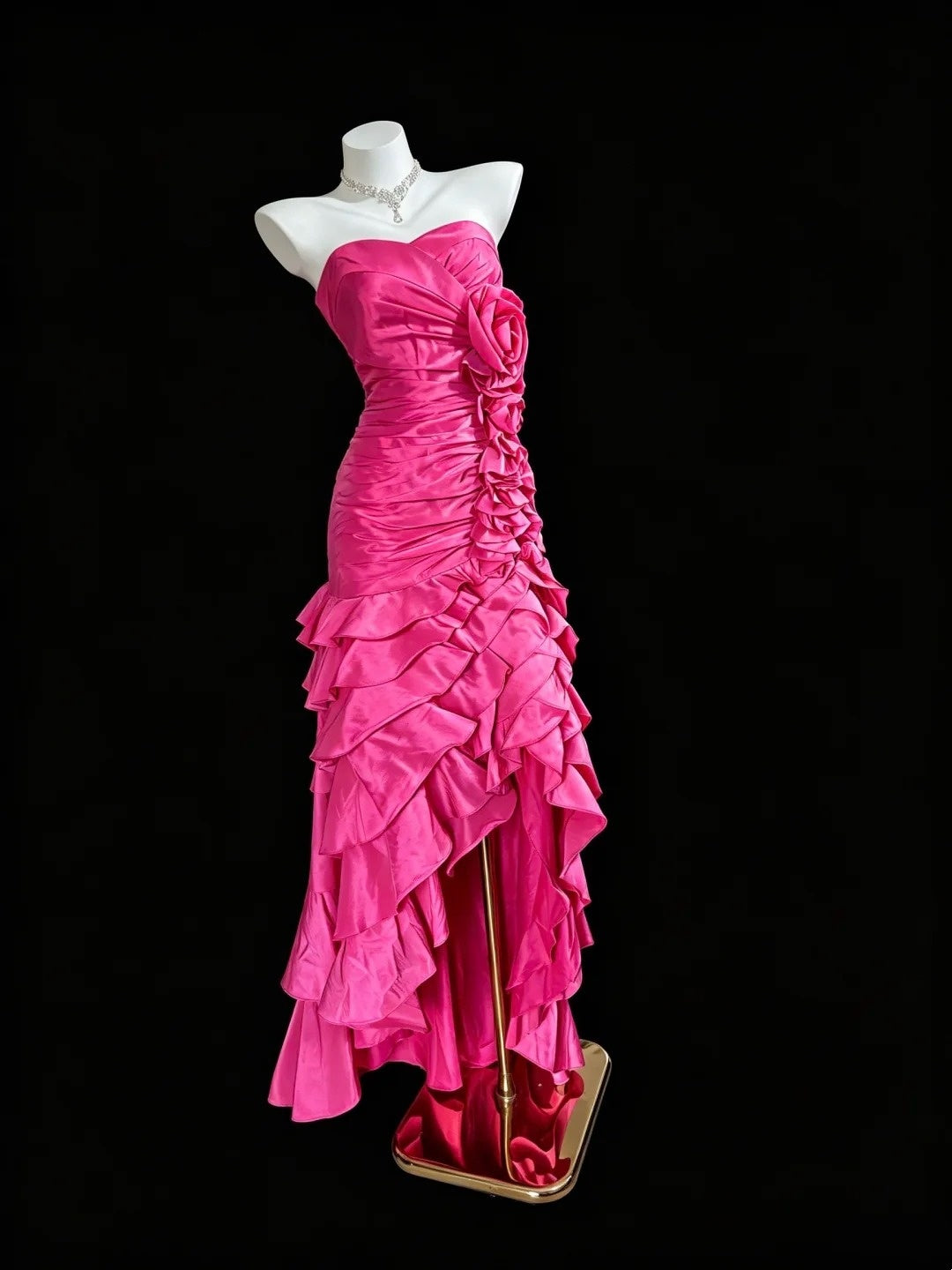 Strapless Pink Satin Prom Dress Ruffled Evening Dress