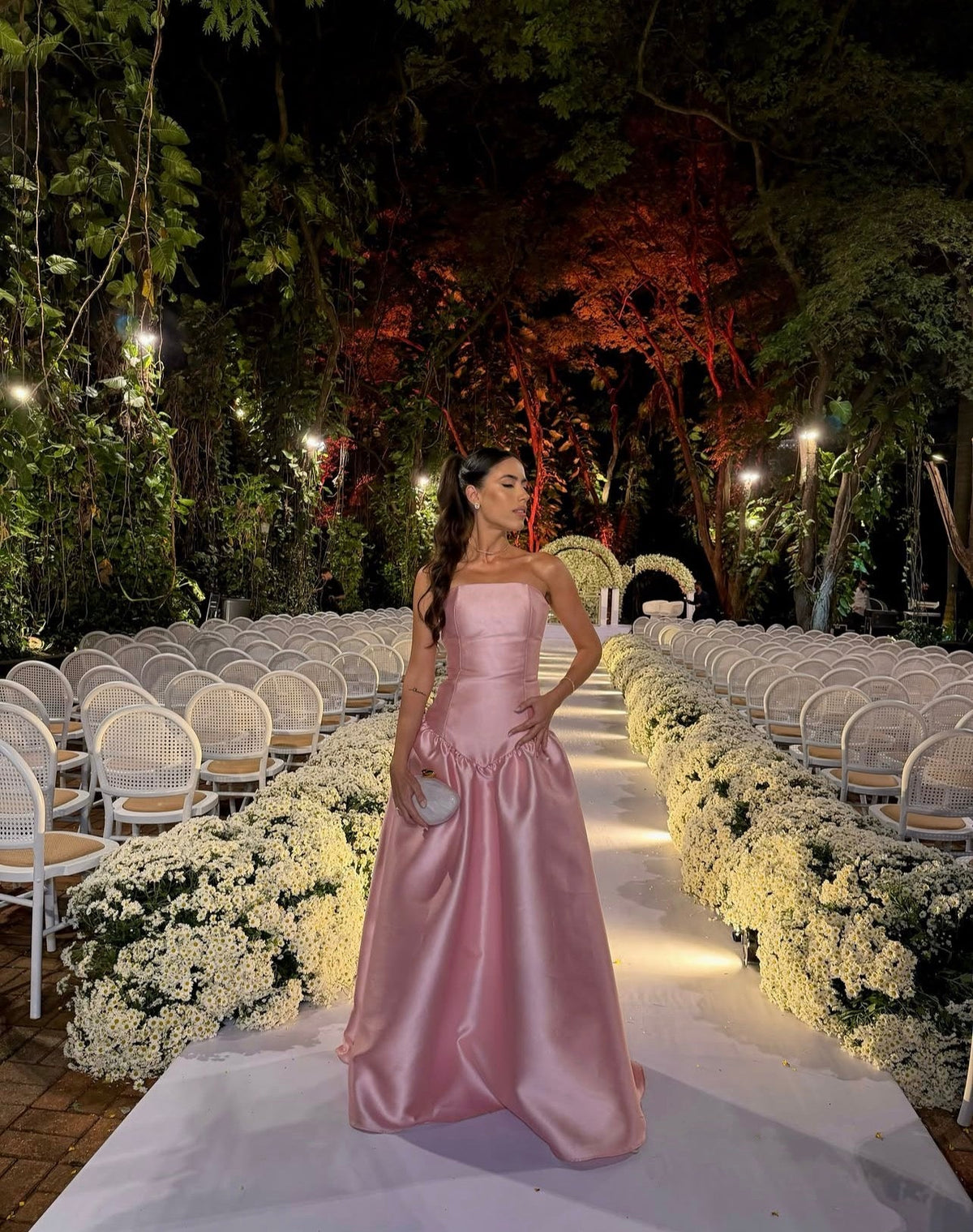 Strapless Pink Satin Wedding Guest Dress A-Line Formal Prom Dress