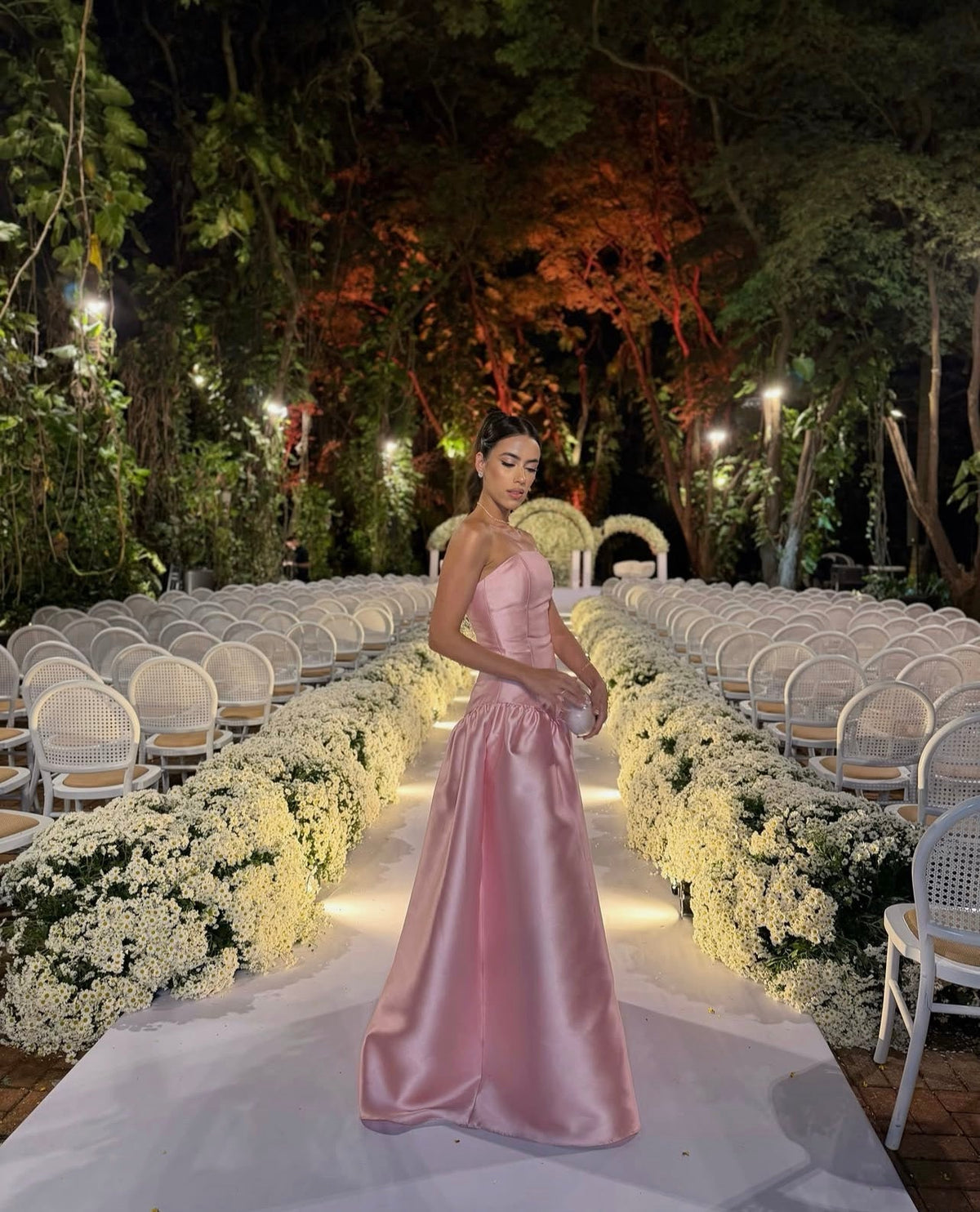 Strapless Pink Satin Wedding Guest Dress A-Line Formal Prom Dress