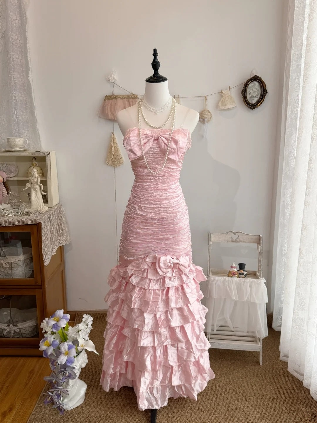 Strapless Pink Sheath Layered Prom Dress Formal Evening Dress