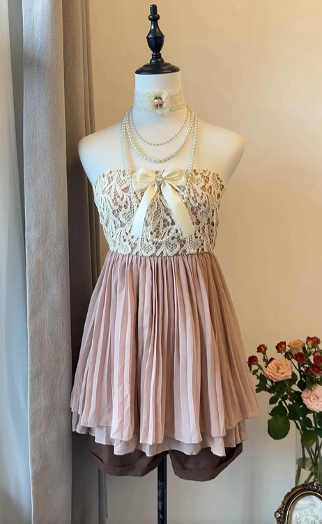 Strapless Pleated Pink Lace Homecoming Dress Short Birthday Dress