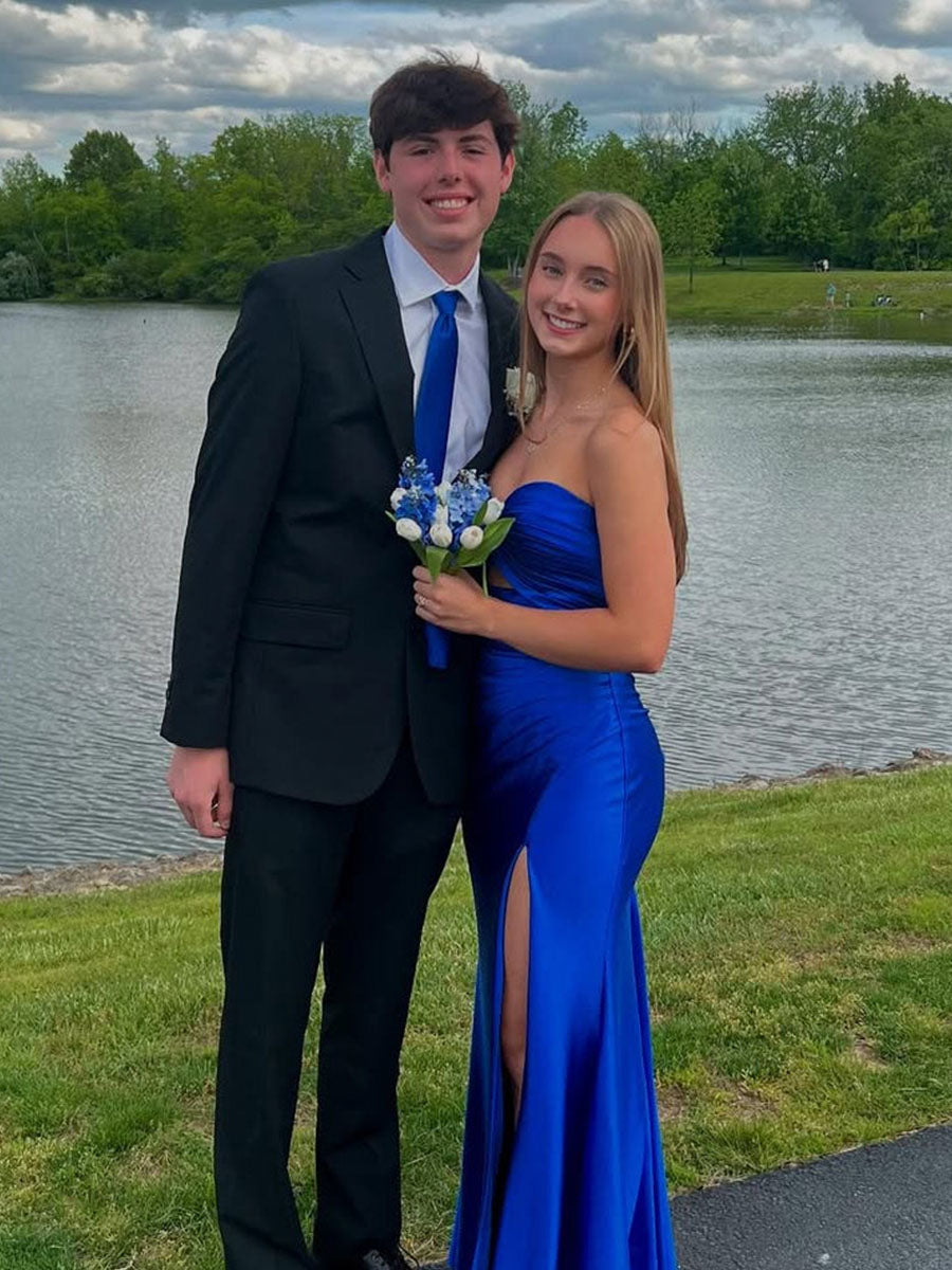 Strapless Pleated Satin Long Prom Dress with Slit