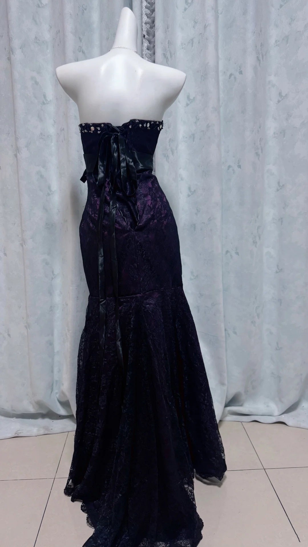 Strapless Purple Mermaid Lace Prom Dress Formal Evening Dress