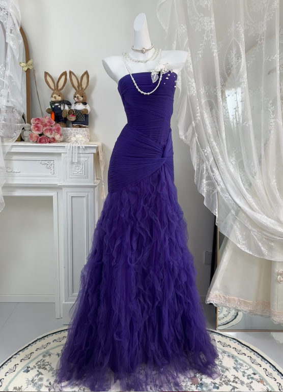 Strapless Purple Mermaid Prom Dress Ruffled Evening Dress