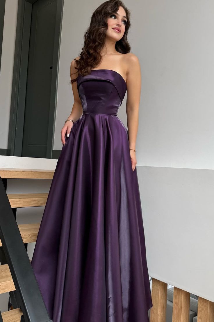 Strapless Purple Satin Prom Dress A-Line Wedding Guest Dress