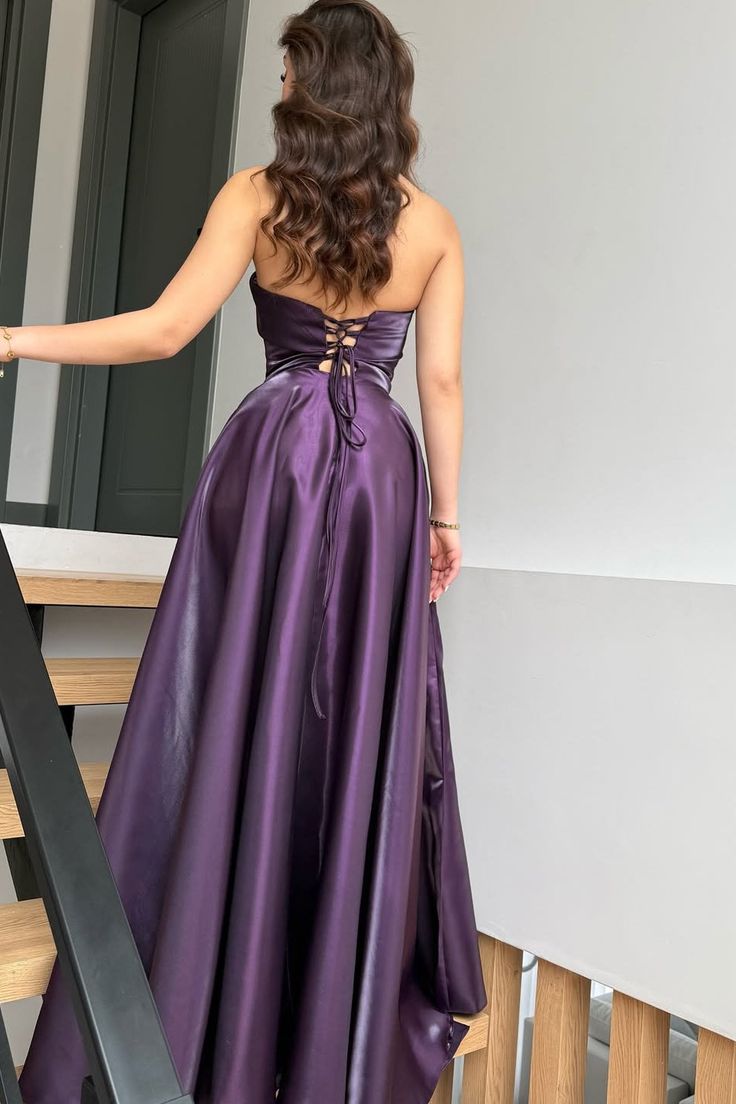 Strapless Purple Satin Prom Dress A-Line Wedding Guest Dress