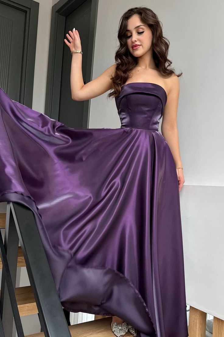 Strapless Purple Satin Prom Dress A-Line Wedding Guest Dress