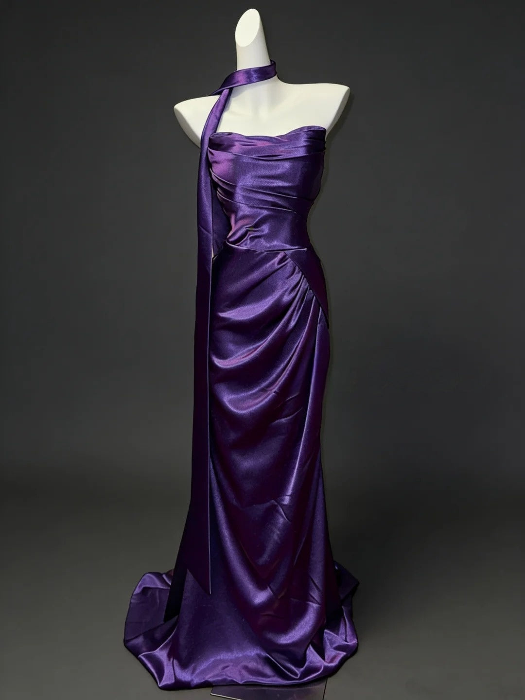 Strapless Purple Satin Prom Dress Sheath Evening Dress With Scarf