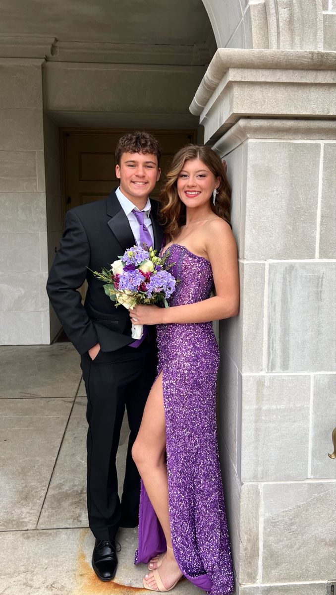 Strapless Purple Sequin Prom Dress With Slit Sparkle Evening Dress   J10628
