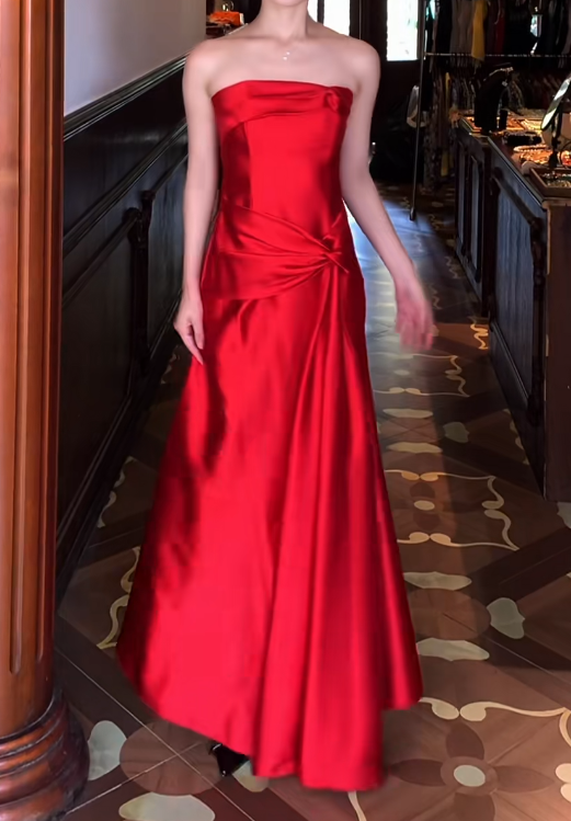 Strapless Red A Line Satin Formal Prom Dress  J9680