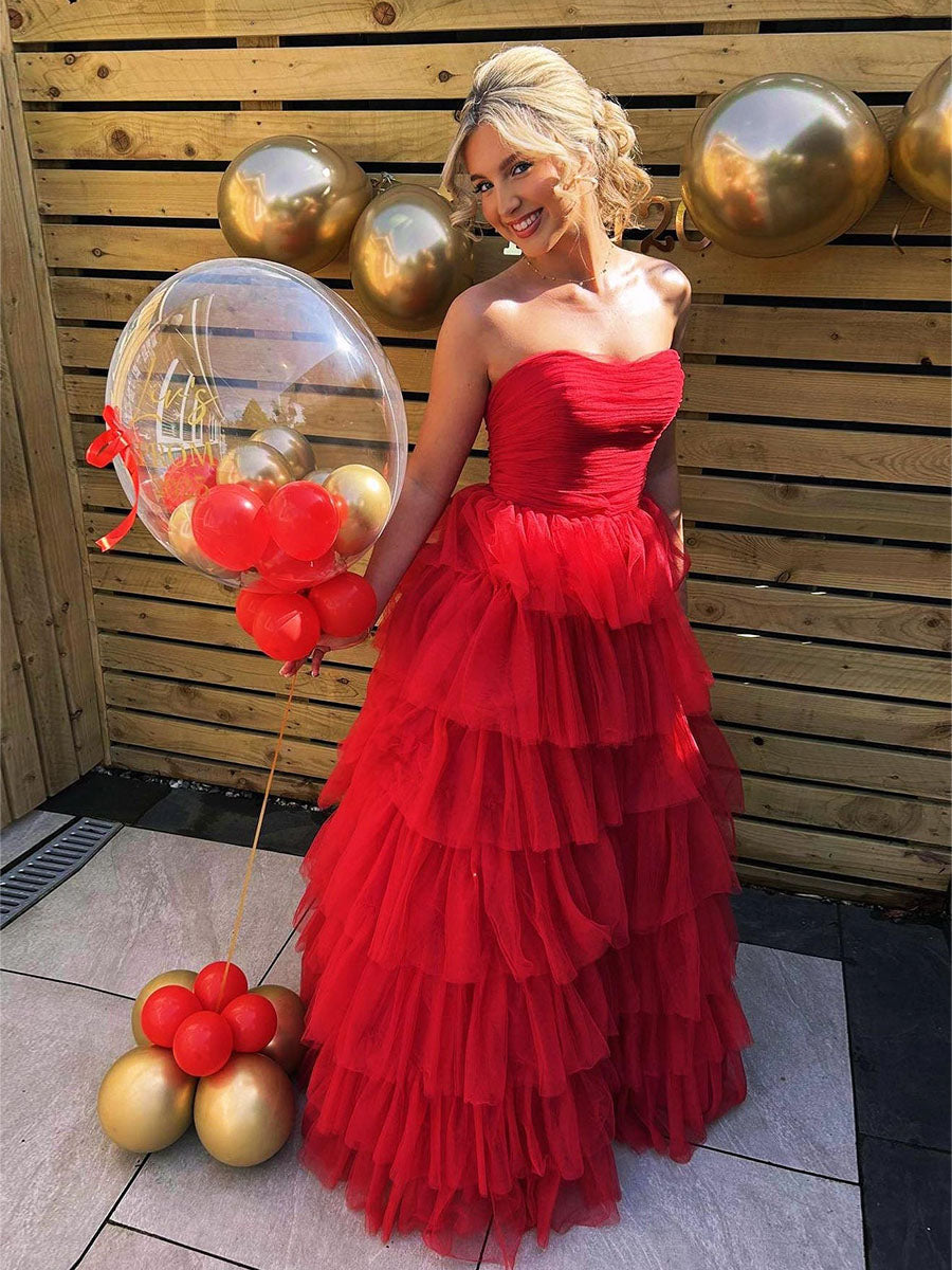 Strapless Red Cascading Tulle Ruffles Long Prom Dress