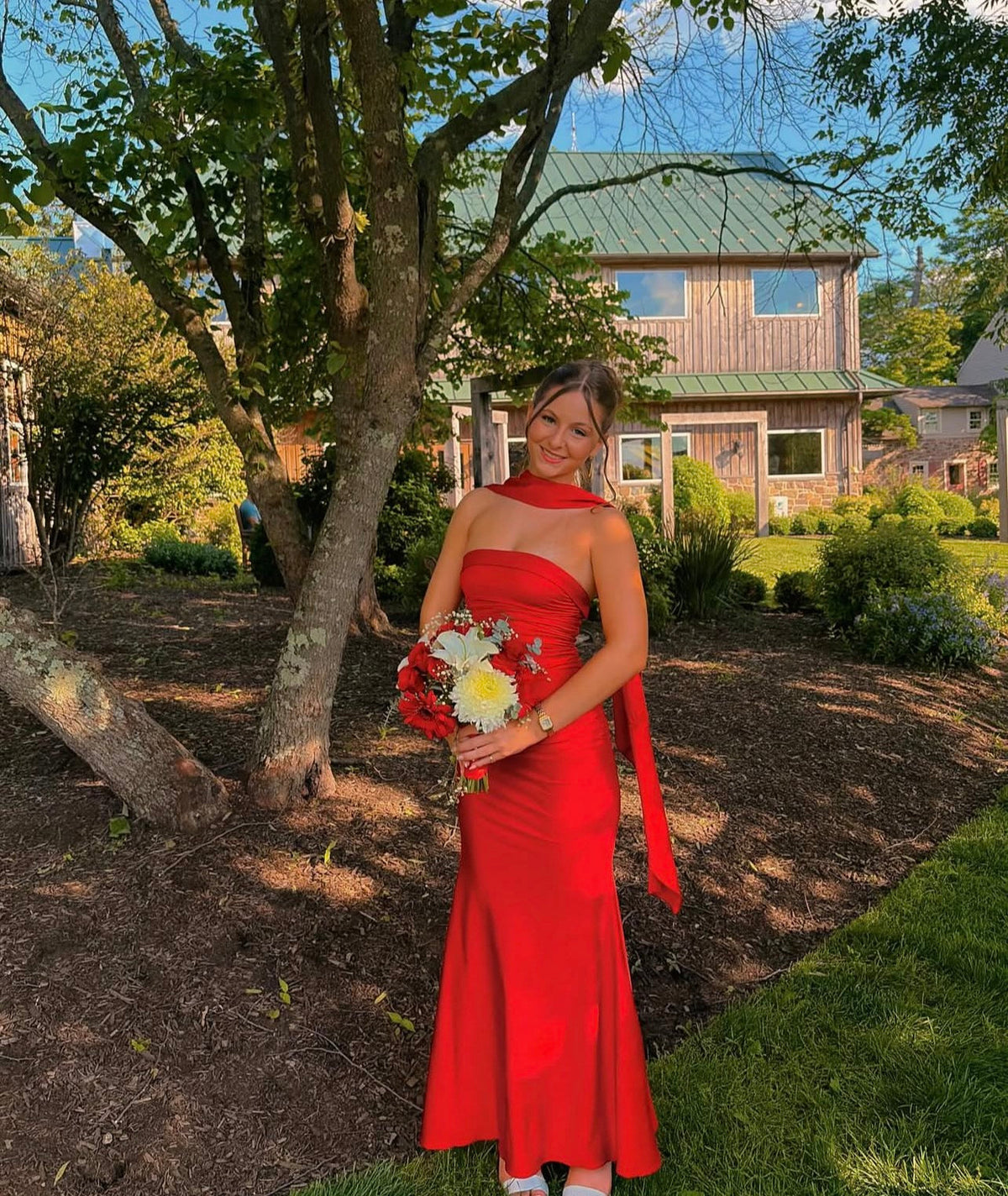 Strapless Red Mermaid Satin Prom Dress Formal Wedding Guest Dress