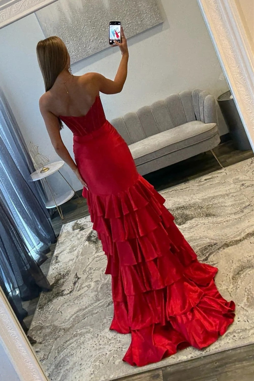 Stylish Mermaid Sweetheart Red Corset Prom Dress with Beading Ruffles