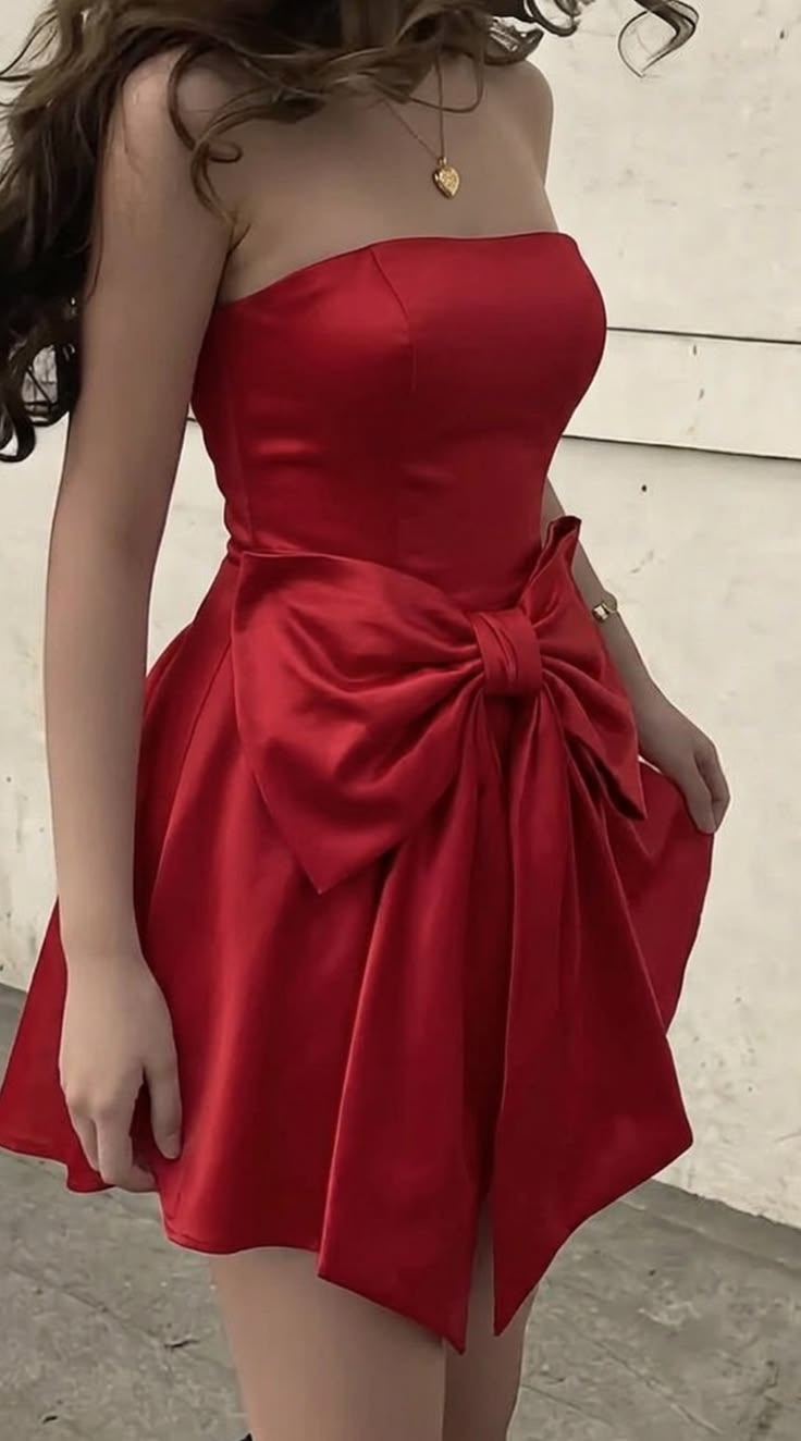 Strapless Red Satin Birthday Dress With Bow Knot Short Homecoming Dress