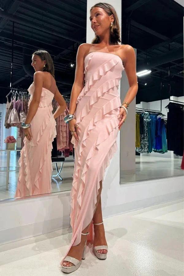 Strapless Ruffle Chiffon Pink Bridesmaid Dress with Slit BD121 by pgmdress