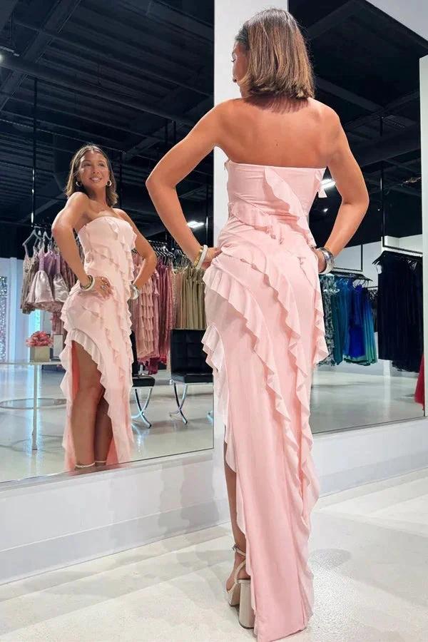 Strapless Ruffle Chiffon Pink Bridesmaid Dress with Slit (ZD12831)