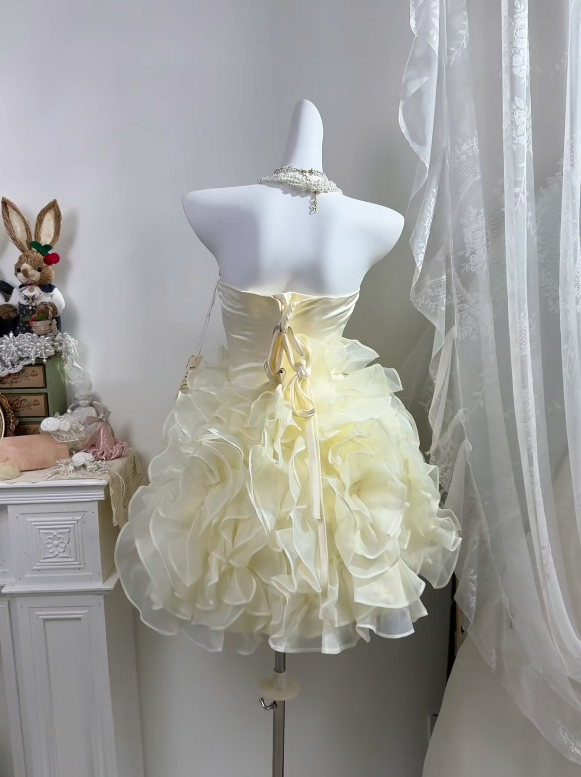 Strapless Ruffled Yellow Homecoming Dress Short Birthday Dress