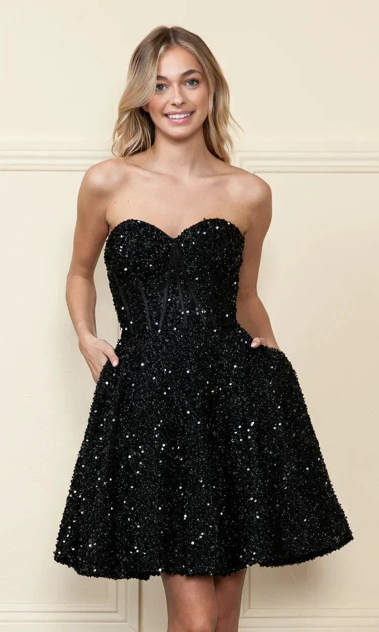 Strapless Sequin A-Line Homecoming Dress SYH86 by vivymakudress
