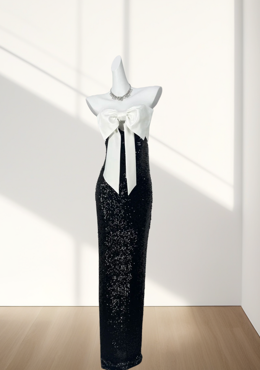 Strapless Sheath Black Sequin Prom Dress With Bow  J10308