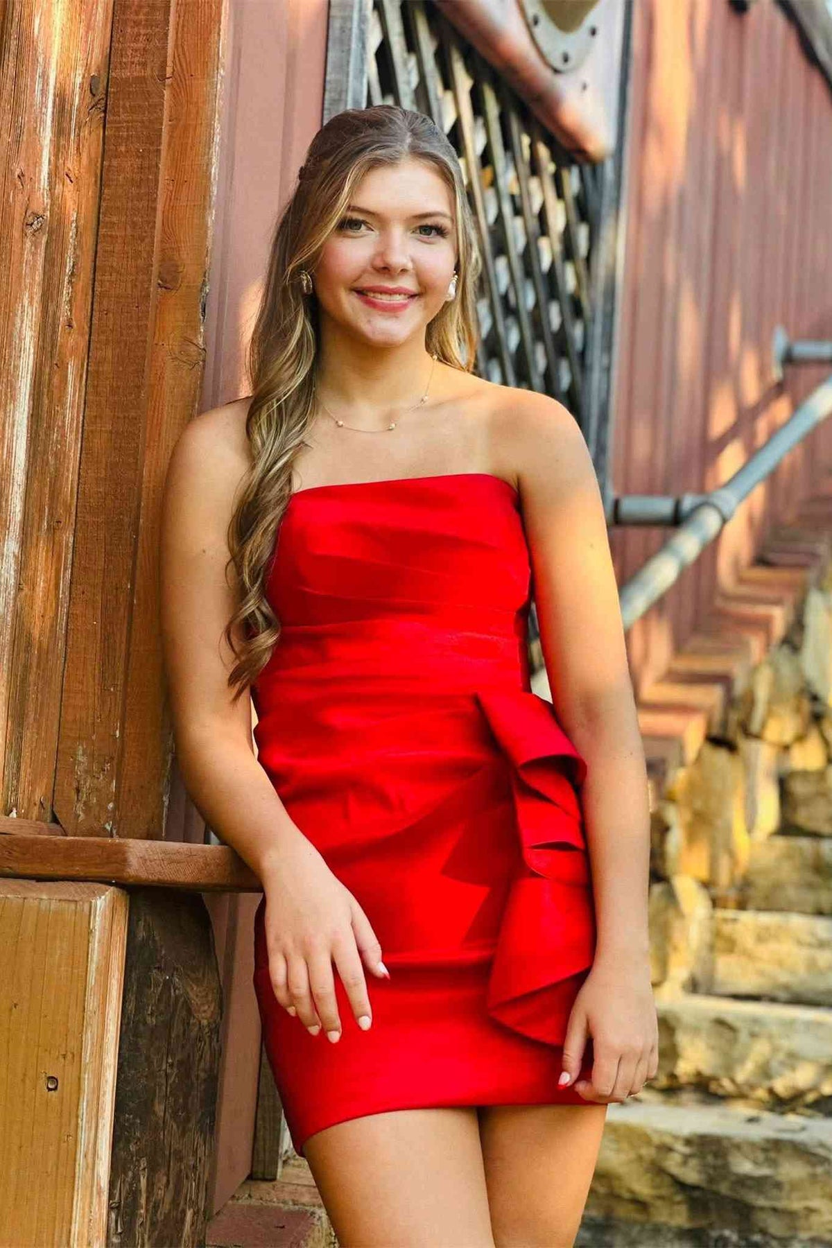 Strapless Sheath Red Homecoming Dress Ruffled Satin Party Dress