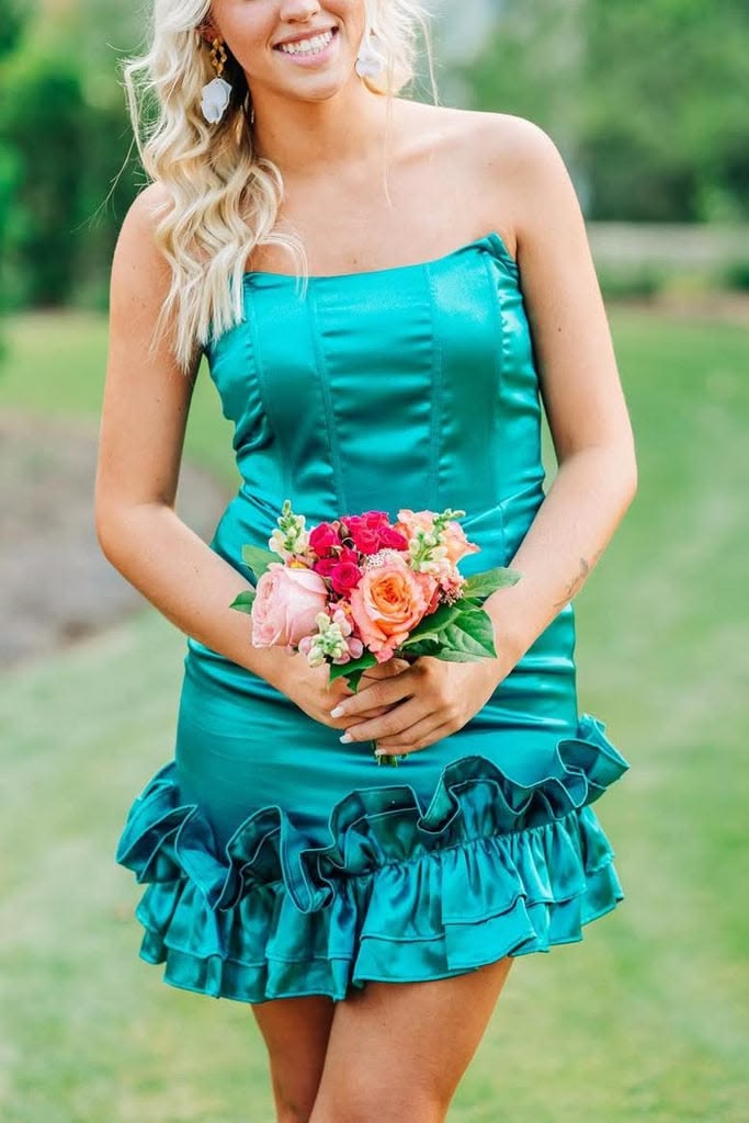 Strapless Sheath Satin Ruffled Homecoming Dress  J11285