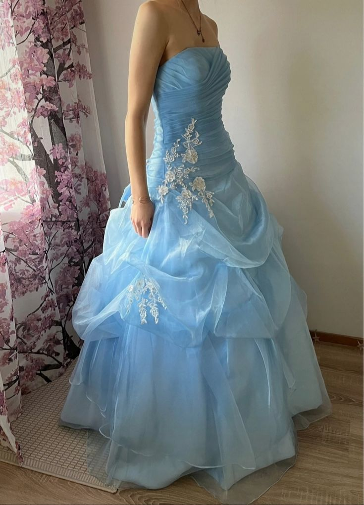 Strapless Sky Blue A-Line Vintage Prom Dress Ball Gown Evening Dress