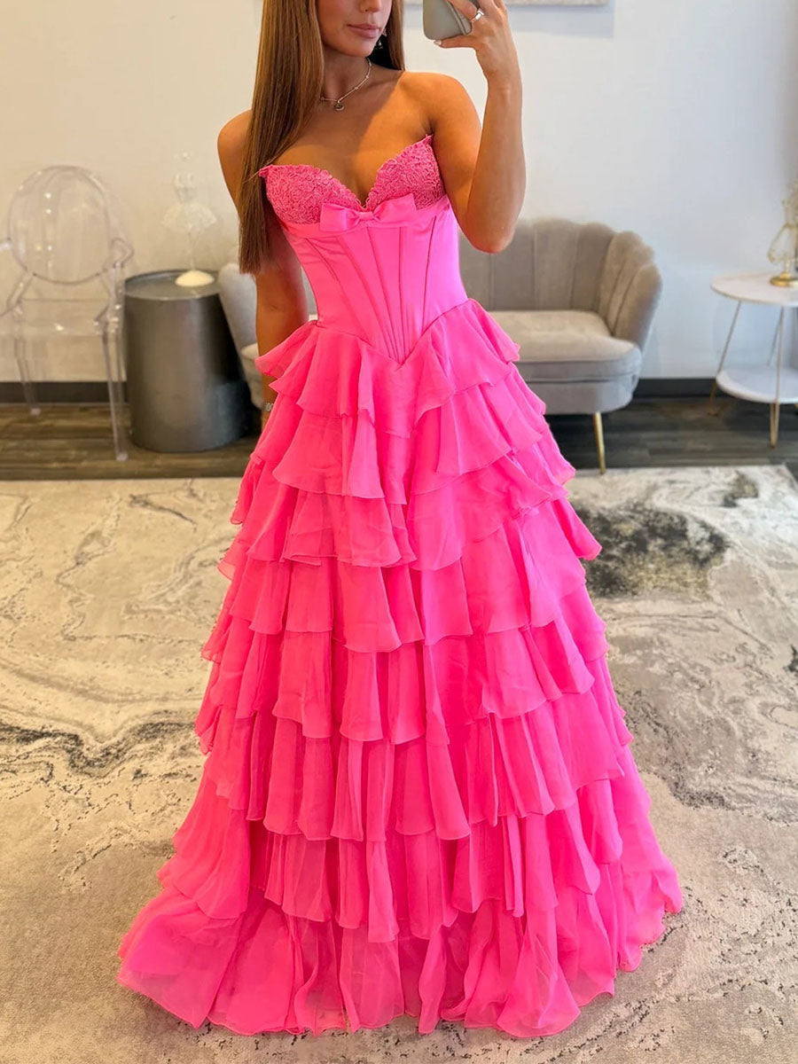 Strapless Sweetheart Lace Embroidery Boned Tiered Long Prom Dress
