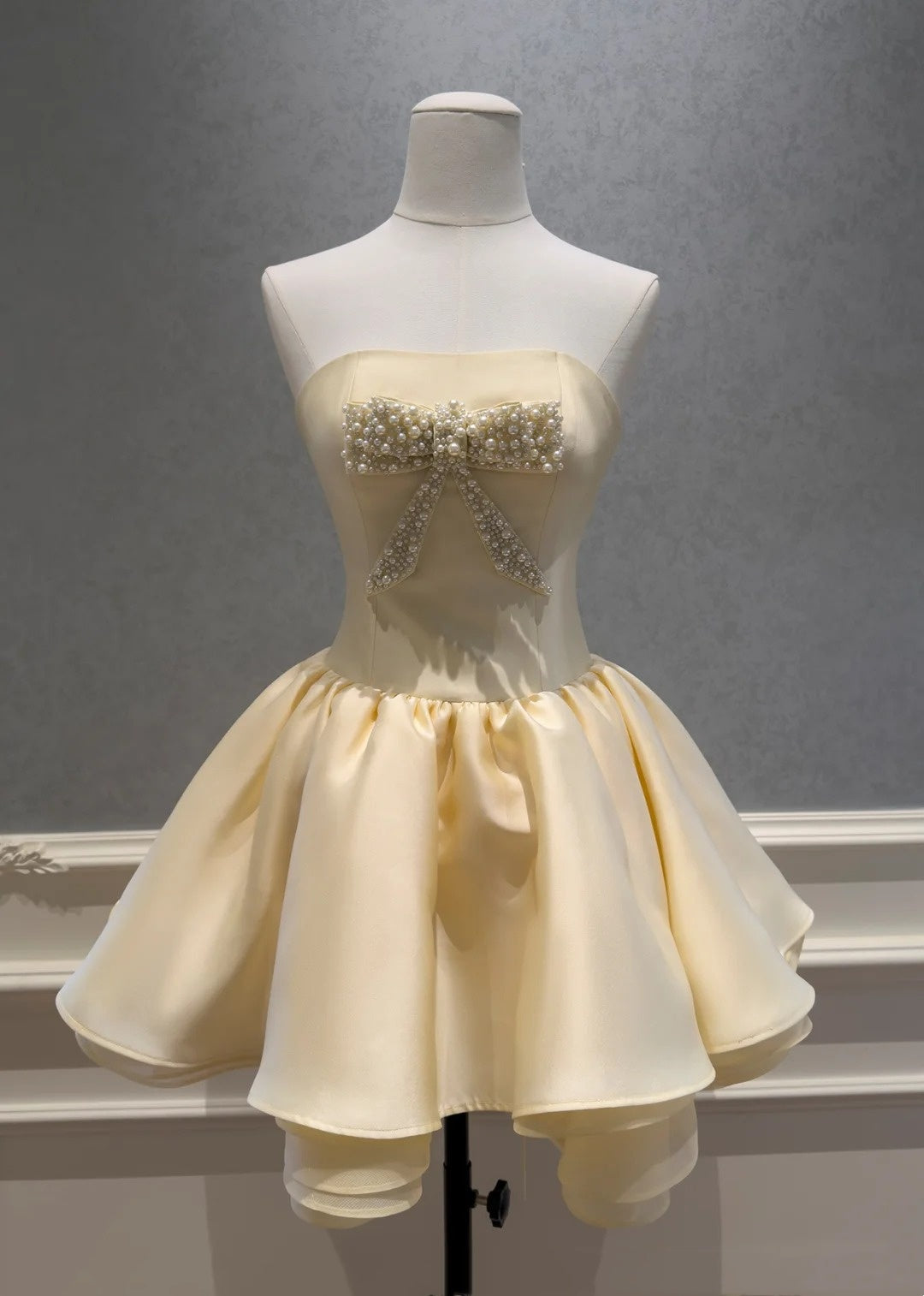 Strapless Yellow A-Line Homecoming Dress With Pearl Bow