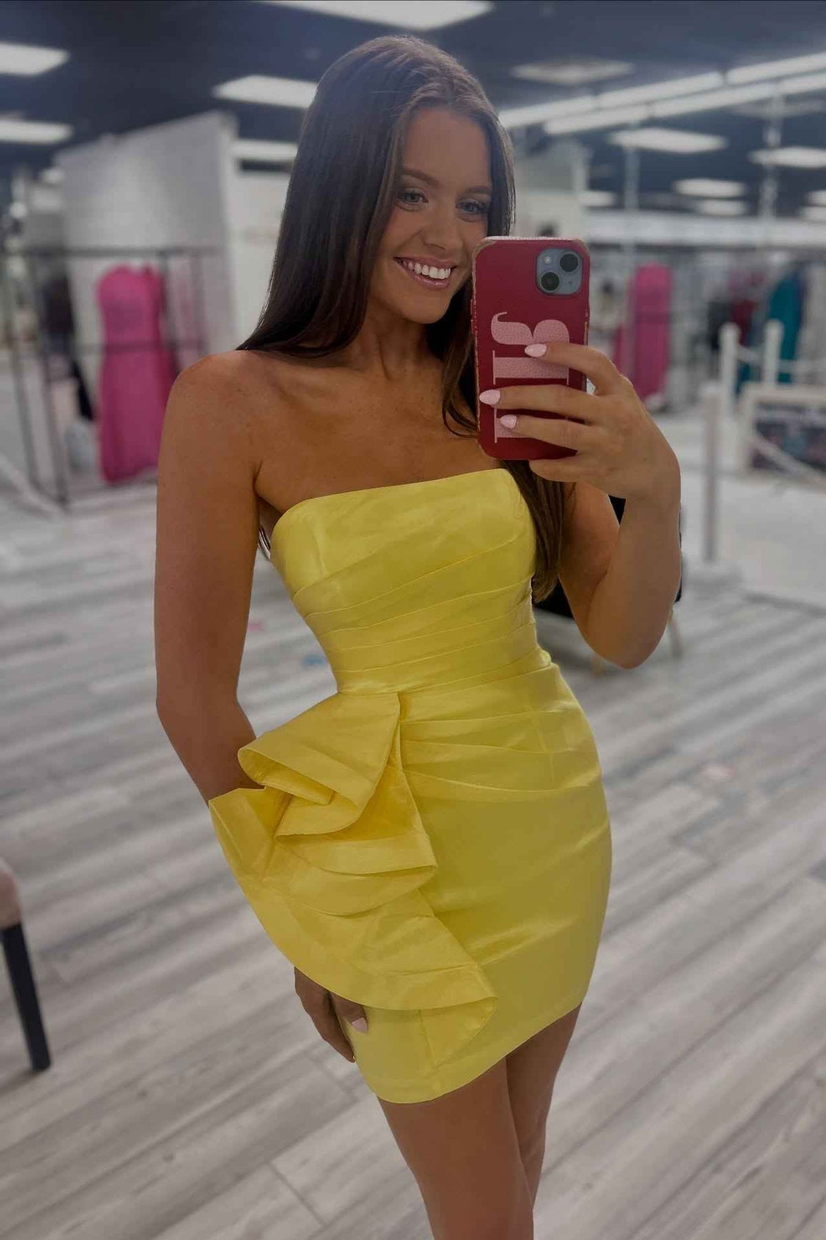 Strapless Yellow Satin Sheath Homecoming Dress