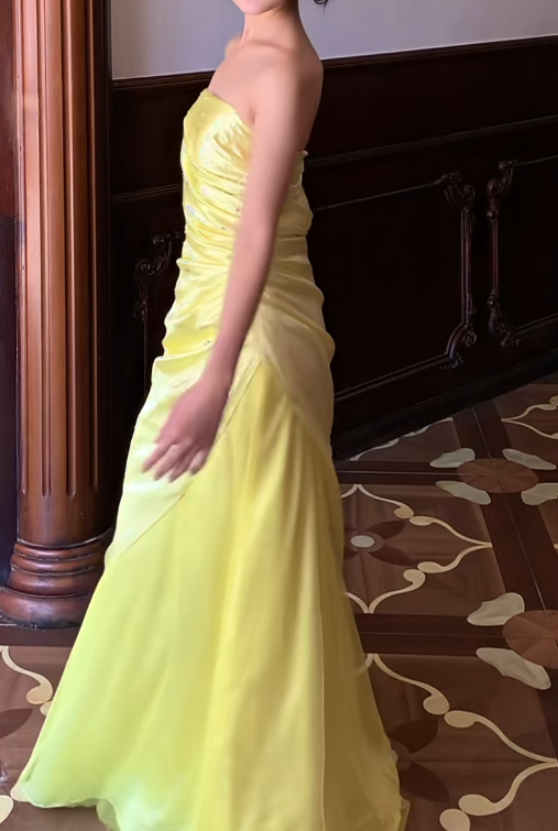 Strapless Yellow Satin Tulle Prom Dress Vintage Formal Dress