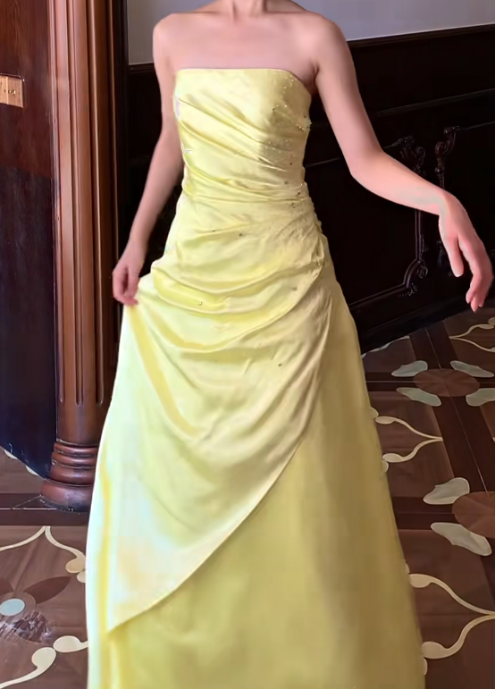 Strapless Yellow Satin Tulle Prom Dress Vintage Formal Dress