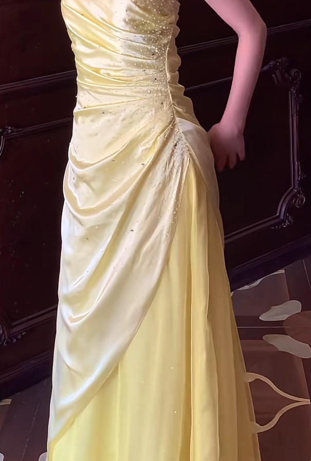 Strapless Yellow Satin Tulle Prom Dress Vintage Formal Dress