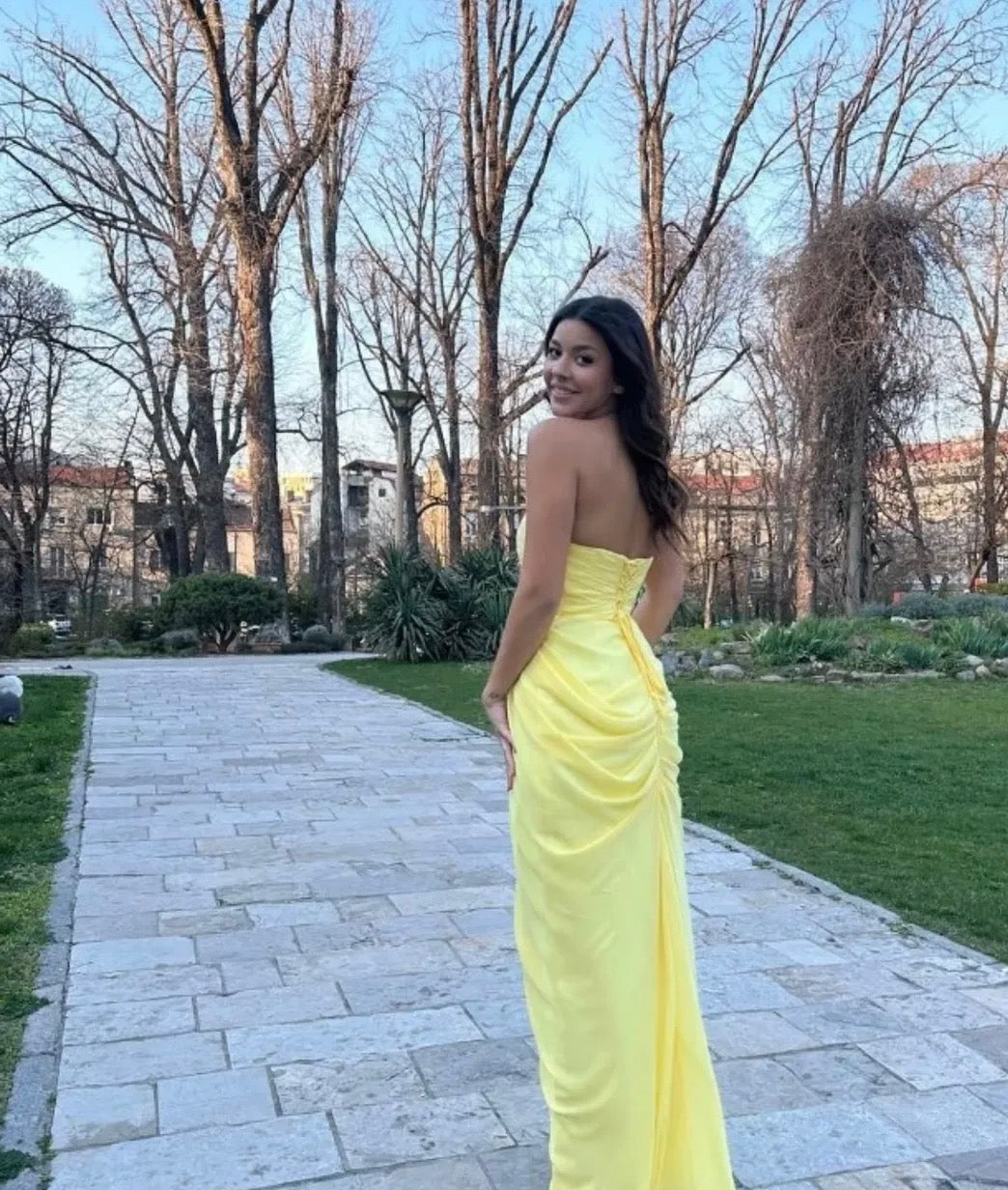 Strapless Yellow Wedding Guest Dress With Slit Formal Prom Dress