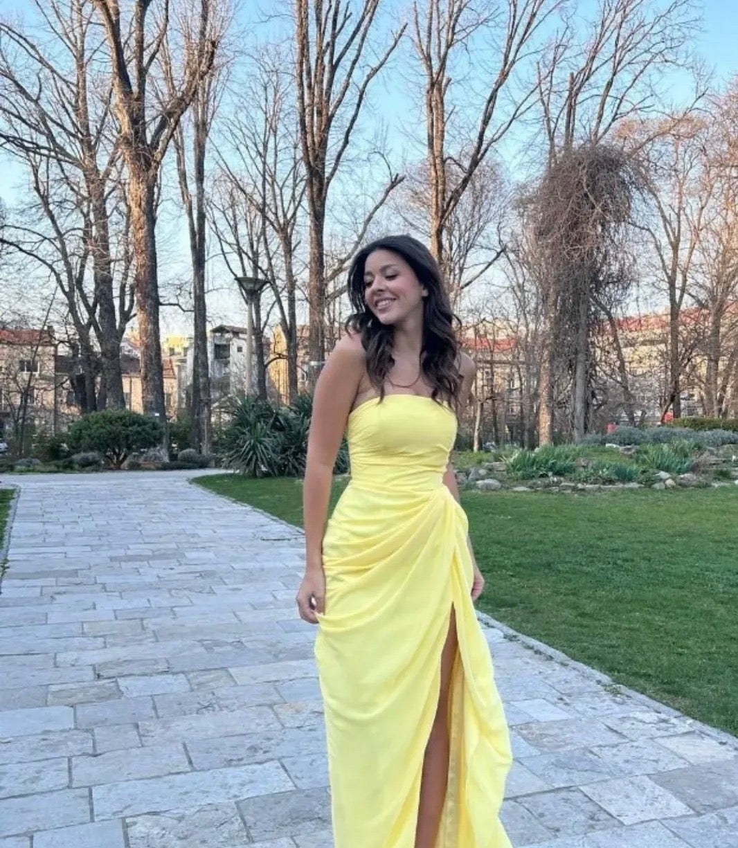 Strapless Yellow Wedding Guest Dress With Slit Formal Prom Dress