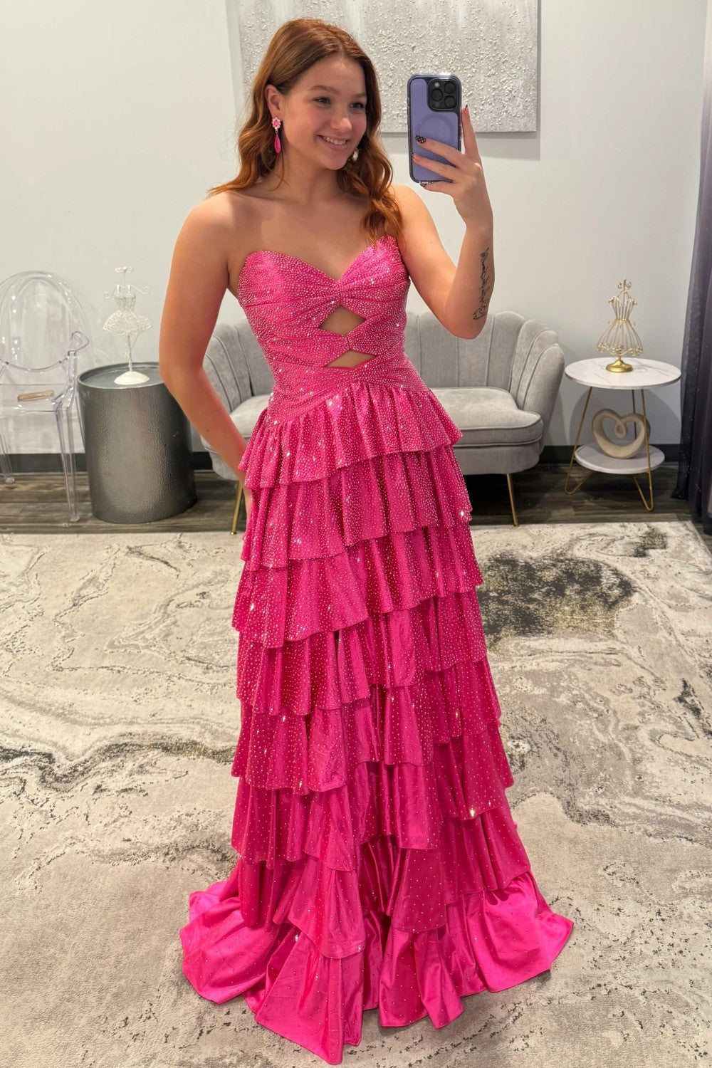 Sparkly A Line Sweetheart Hot Pink Long Prom Dress with Beading