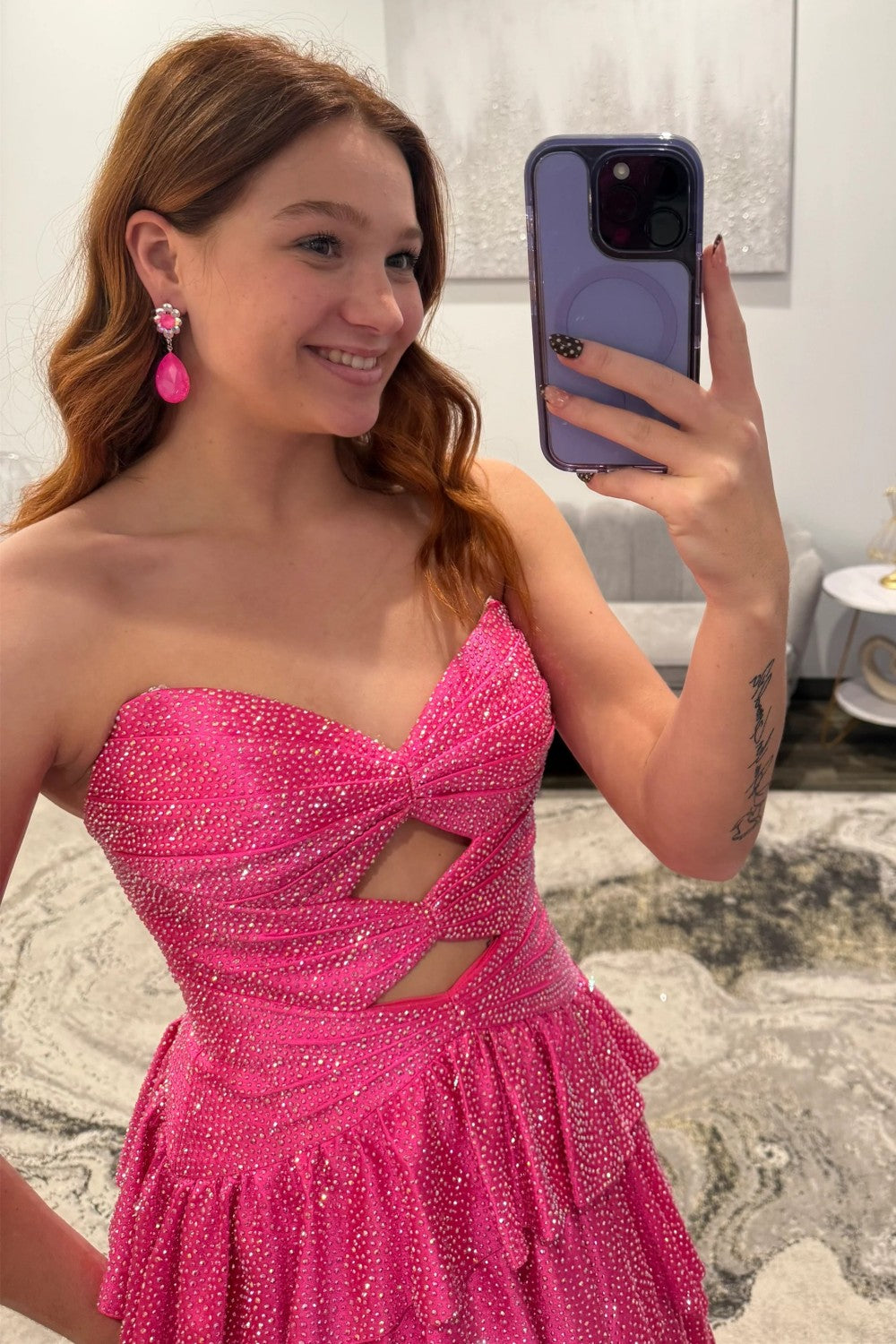 Sparkly A Line Sweetheart Hot Pink Long Prom Dress with Beading