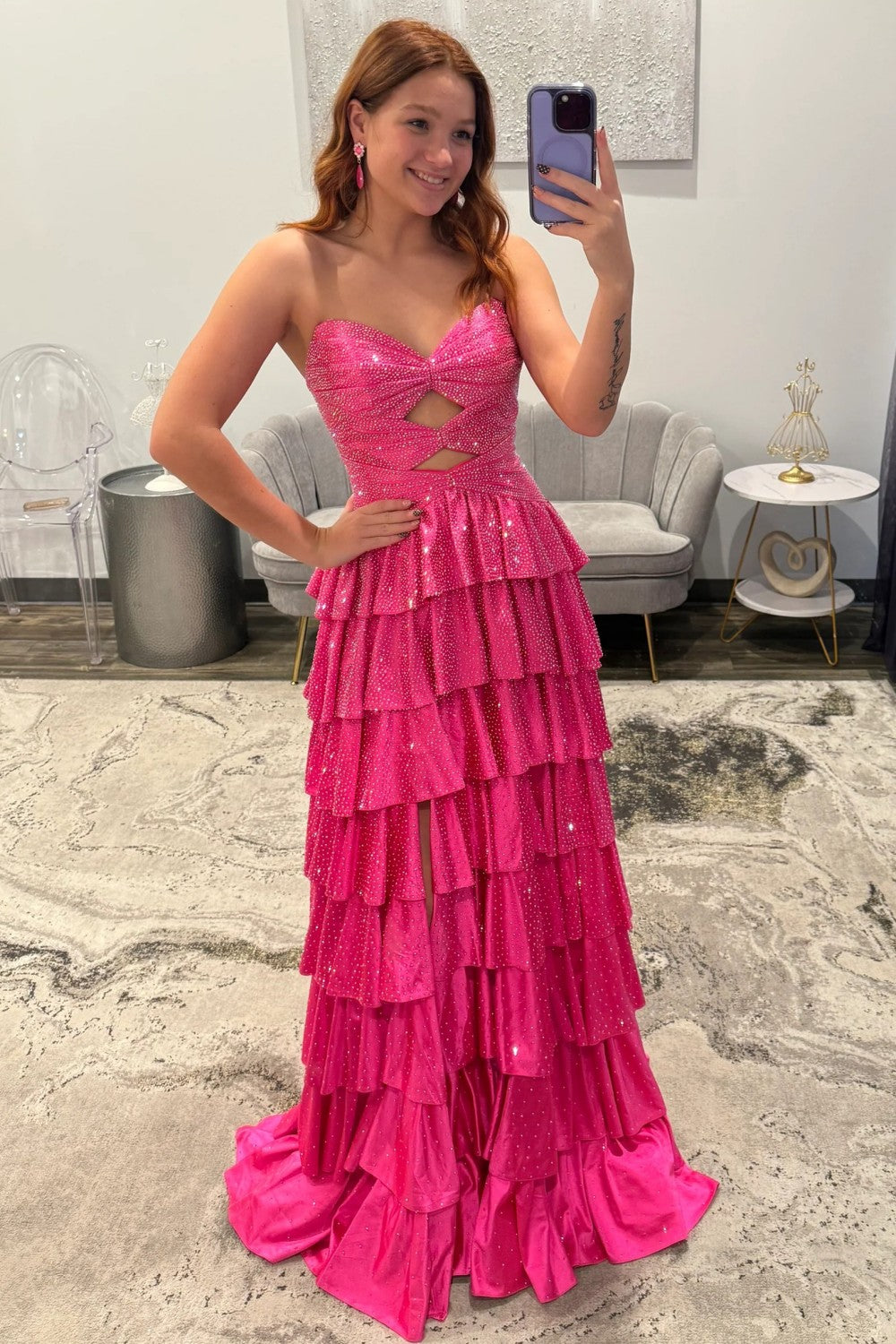 Sparkly A Line Sweetheart Hot Pink Long Prom Dress with Beading