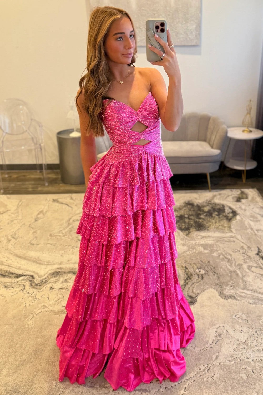 Sparkly A Line Sweetheart Hot Pink Long Prom Dress with Beading