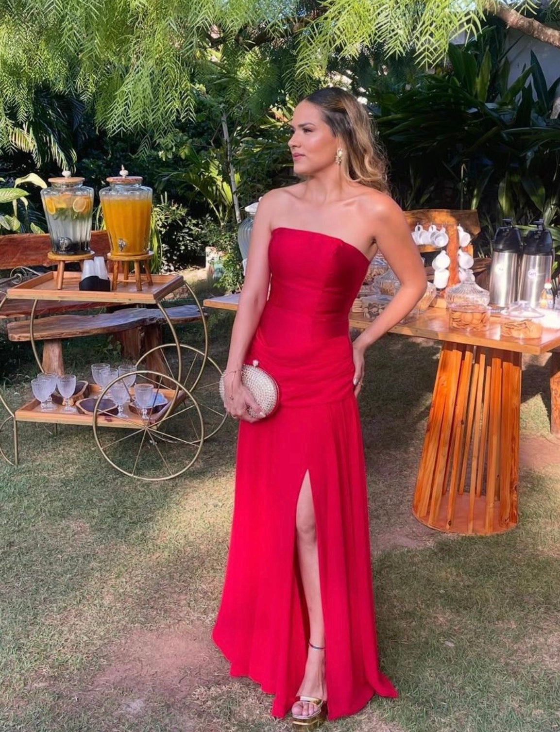 Strapless Sheath Satin Prom Dress Red Evening Dress With Slit J9917