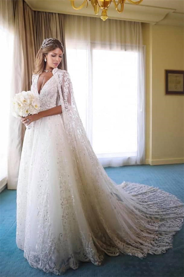Straps V-neck Beads Appliques A-line Beach Wedding Dresses | Bridal Gowns with Lace Cape