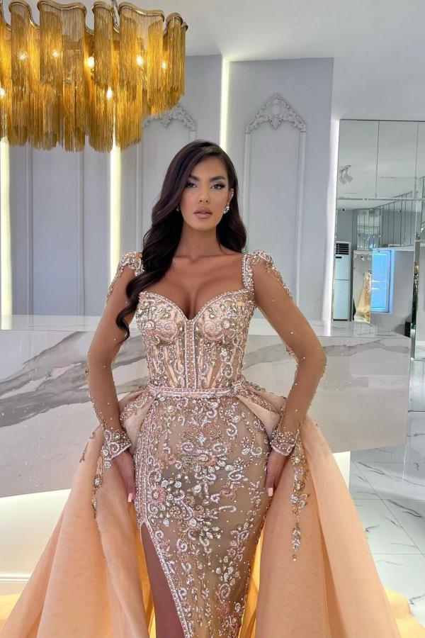 Mermaid Sweetheart Tulle Long Sleeves Split Front Prom Dresses With Detachable Train - View 3 | VelvetHem
