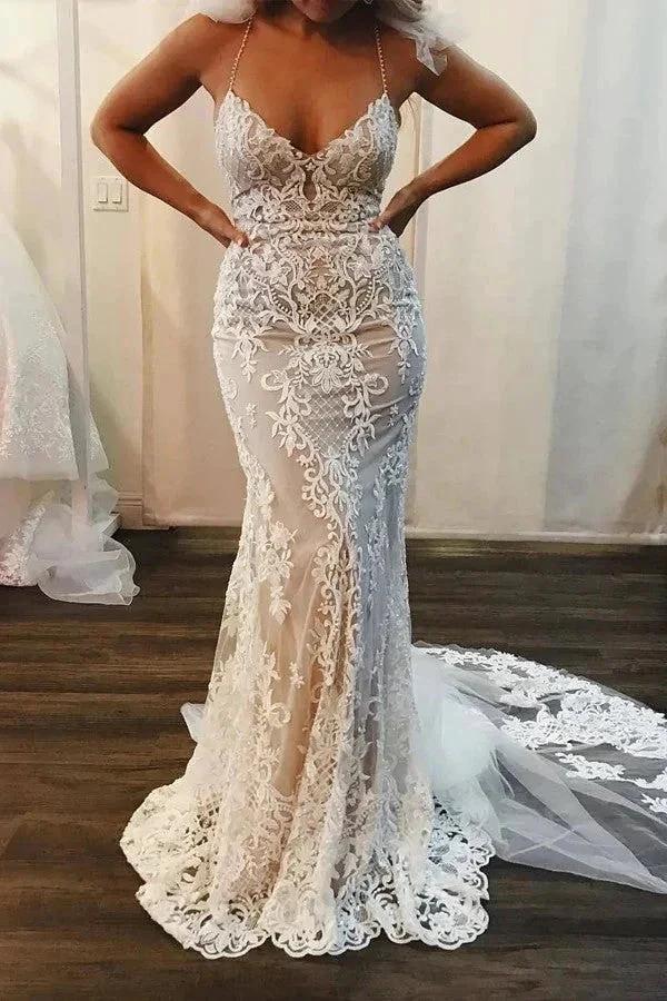 Straps Lace Mermaid Wedding Dresses Boho Wedding Dresses WD714 by pgmdress